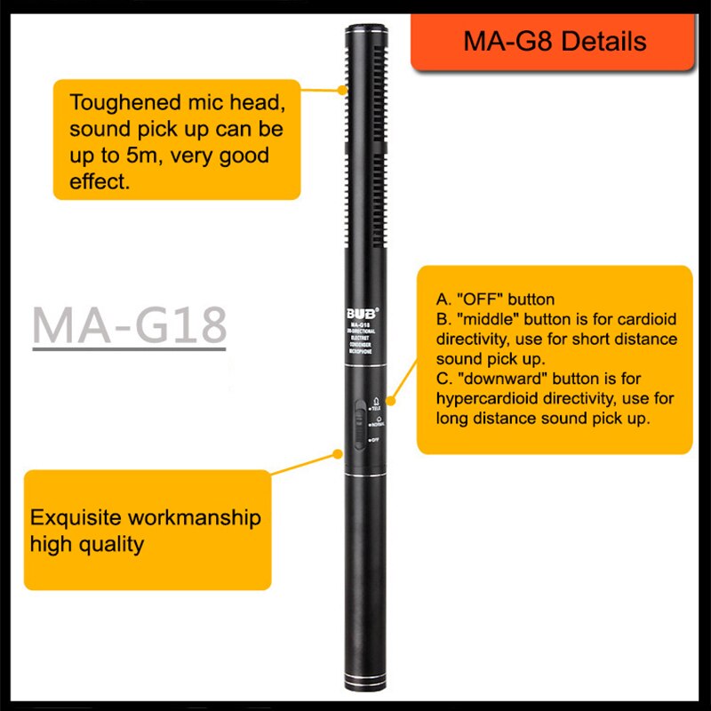 BUB G18 Interview Microphone Filming DV Recording Electret Condenser Microphone 7m Wired Metal Microphones