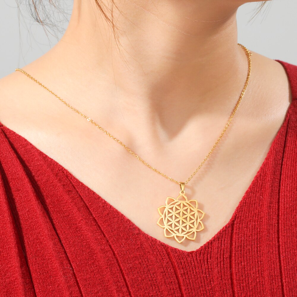 Skyrim – collier avec fleur de vie pour femmes, chaîne de cou en acier inoxydable, amulette, motif géométrique, Mandala, bijoux