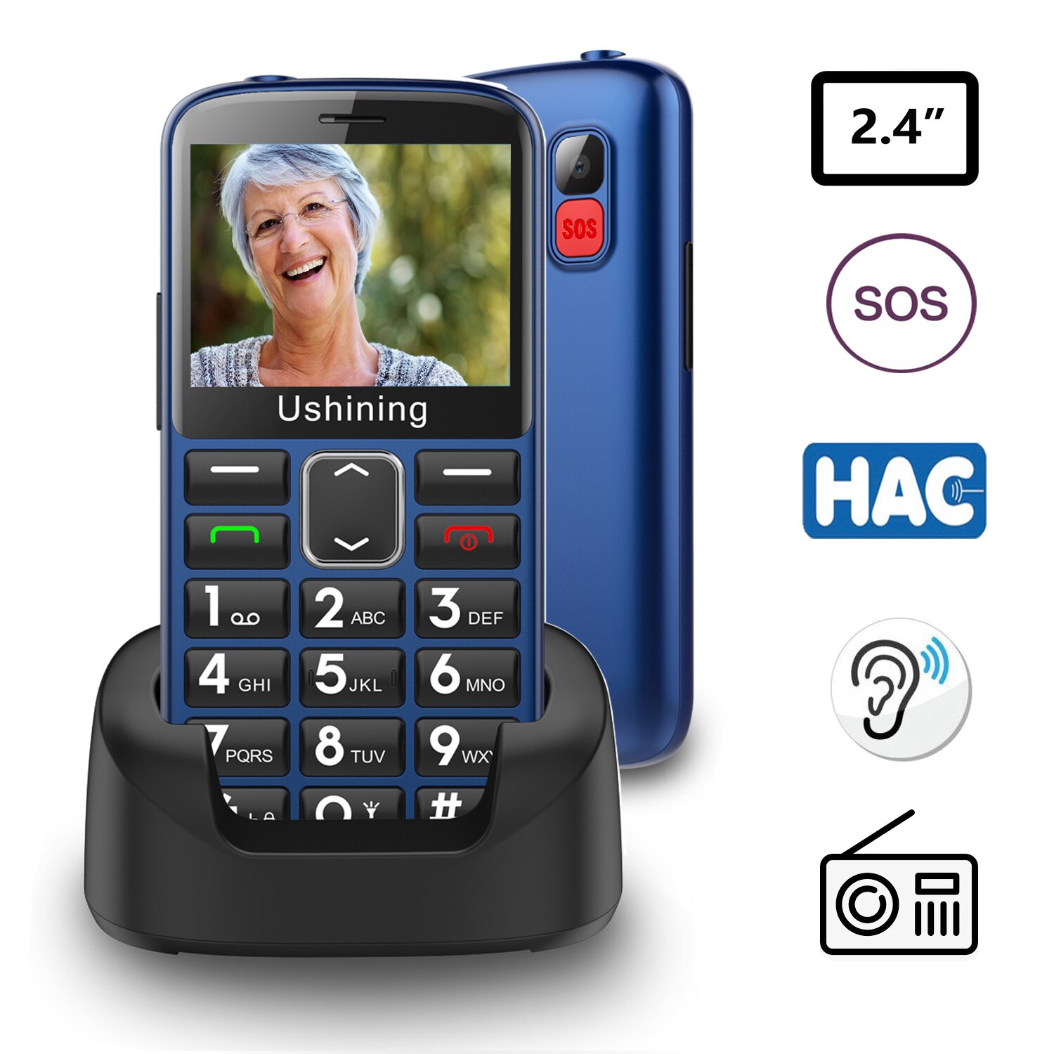 2G Big Button Mobile Phone for Elderly, Unlocked Senior Mobile Phone With SOS Emergency Button,HAC Compatible Charging Dock-BLUE