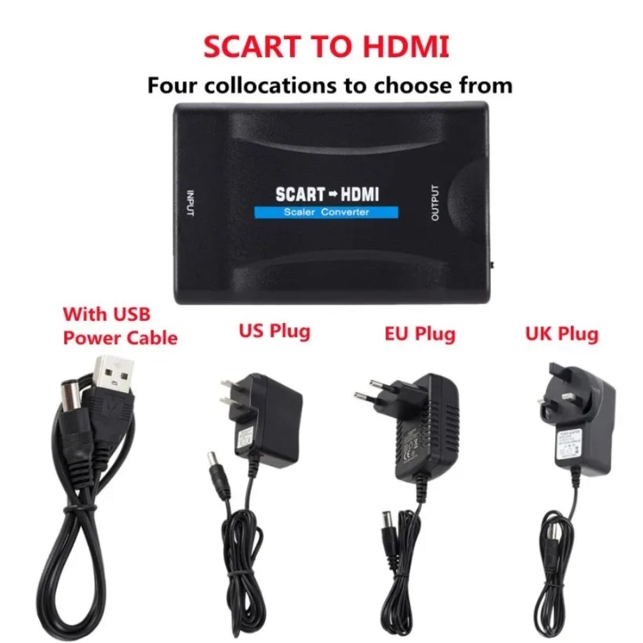 YIGETOHDE 1080P SCART naar HDMI-compatibele Video Audio Upscale Converter Adapter voor HD TV DVD Sky Box STB Plug en Play DC-kabel