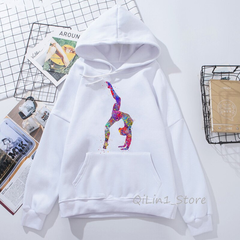 Aquarell gymnastik mädchen harajuku kawaii hoodie Hütte Sweatshirt 90s tumblr kleidung frauen Sport turnerin drucken hoodies: M / dunkel Grau