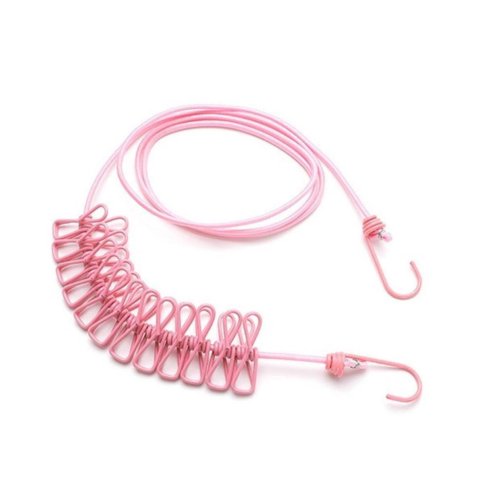 Solid Portable Travel Clothesline for Home Hotel Camping Indoor Outdoor Adjustable End Hooks 12 Clothespin Movable Locking Beads: Pink