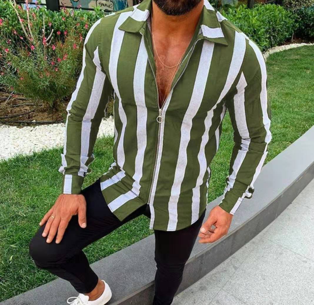 Stribede skjorter herre lange ærmer lynlåse turn-down krave streetwear fitness overtøj chic herre skjorte s -5xl: Grøn / L