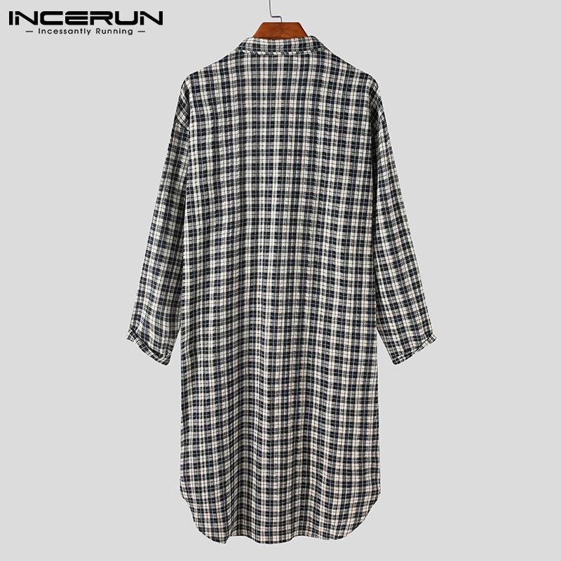 INCERUN Men Plaid Sleep Robes Casual Long Sleeve Lapel Leisure Bathrobes Loose Button Comfortable Nightgown Homewear 5XL