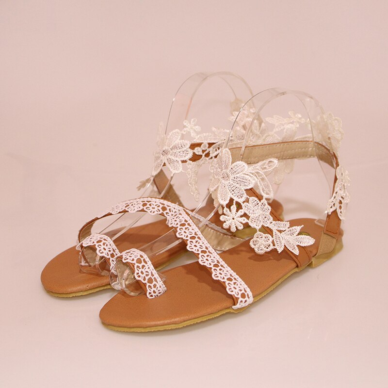 Women Flat Lace Sandals Open Toe Flower Flat Heel Sandals White Bridal Peep Toe Summer Shoe Flat Beach: 43