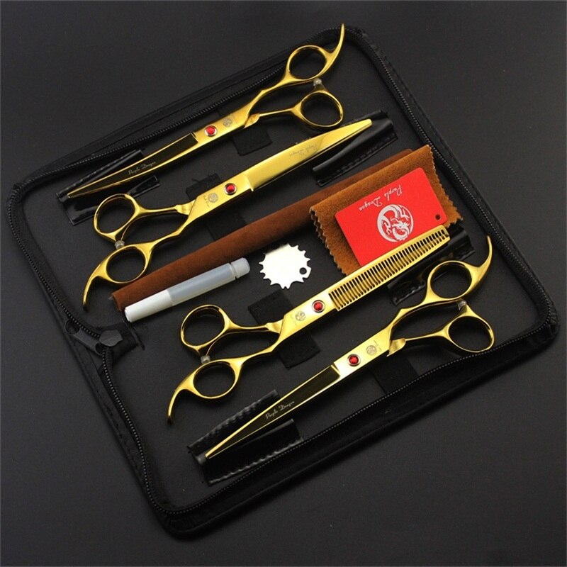 7.0 inch Professionele Huisdier Schaar Hond Verzorgen Schaar Set Straight &amp; Gebogen &amp; Dunner 4 stks Set Huisdier haircut Gereedschap