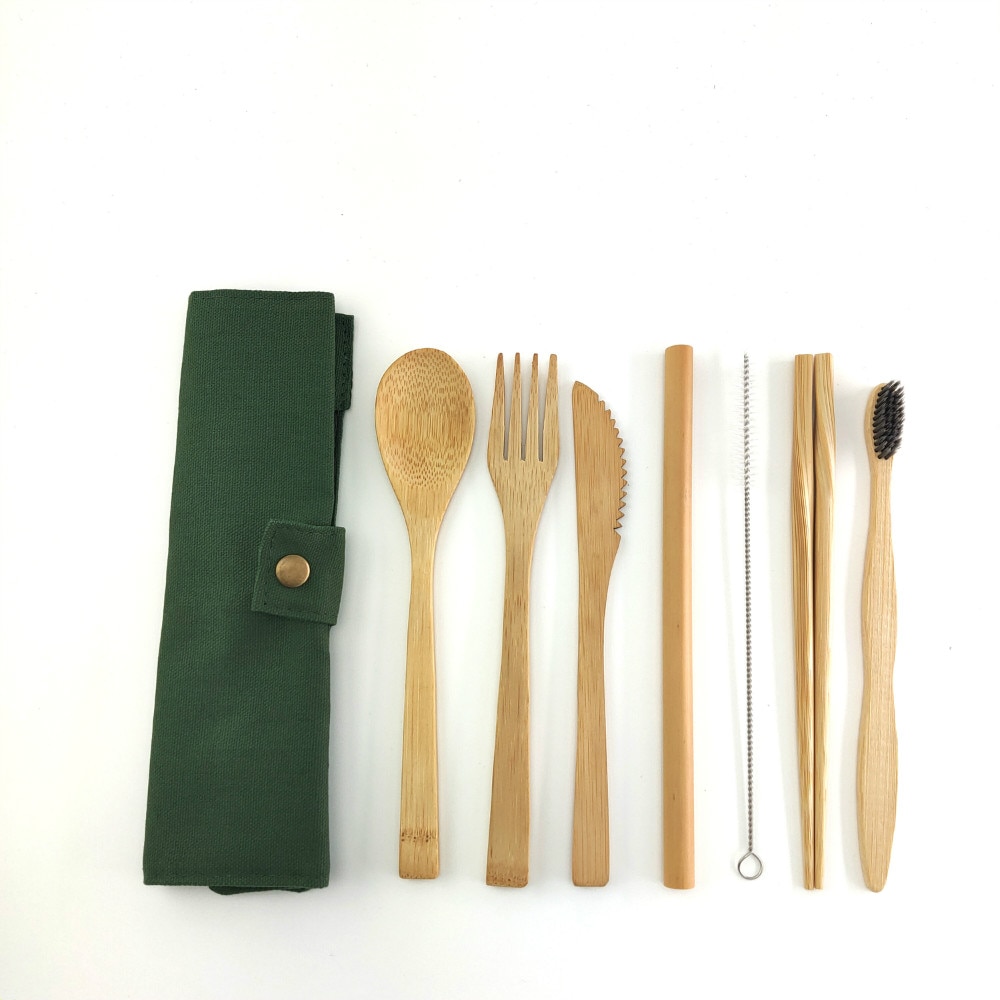 Eco Friendly Bamboo Cutlery Set of Wooden Utensils with Reusable Bamboo Spoon, Fork, Knife,and Reusable Straw Cleaner For Travel