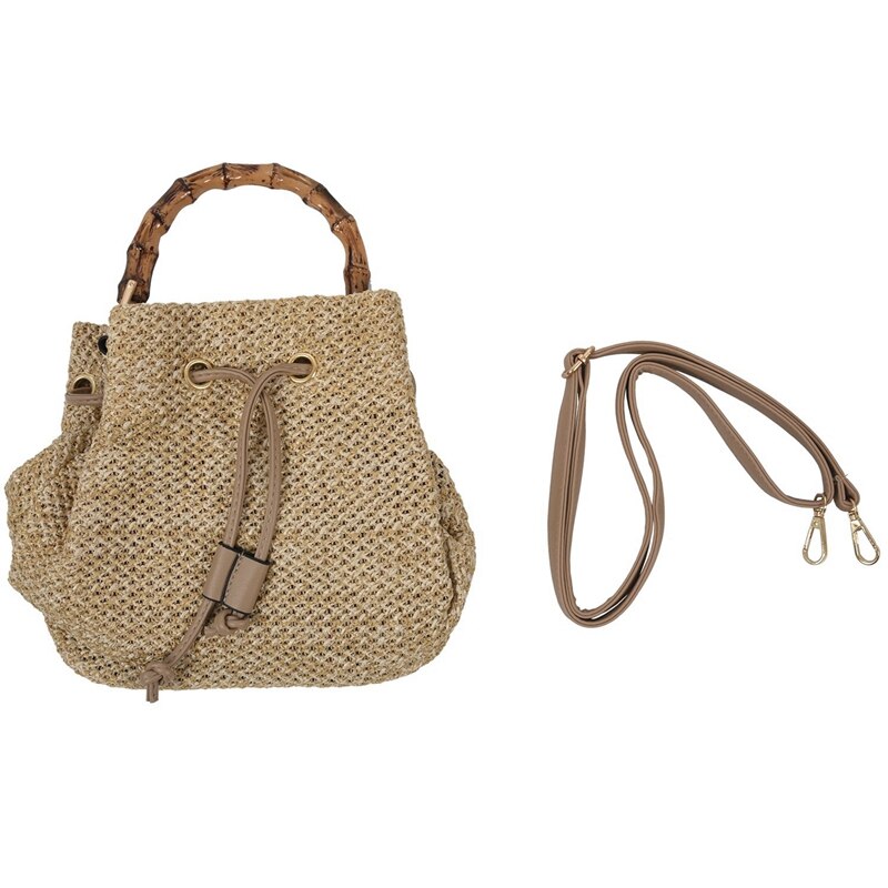 2 Pcs Drawstring Women's Straw Bucket Bag Summer Woven Shoulder Bags Shopping Purse Beach Straw Handbags, Khaki & Brown