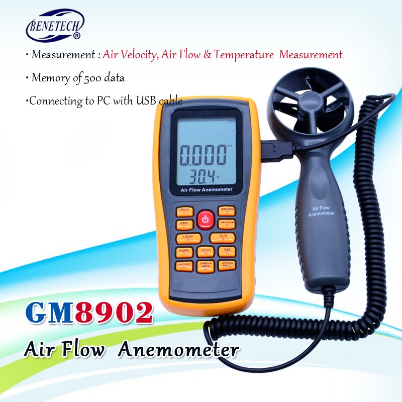 GM8902 Benetech Digital Anemometer Wind Meter Luchtstroom Tester Meten 0 ~ 45 m/s met USB handheld anemometer thermometer