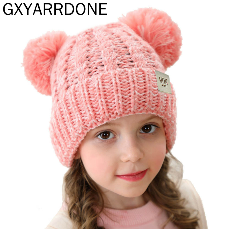 1pcs Kids Winter Hat Double Pom Pom Hat Baby Boy Girls Knitted Fleece Beane Hat Child Winter Soft Warm Ear Cap Pink Yellow