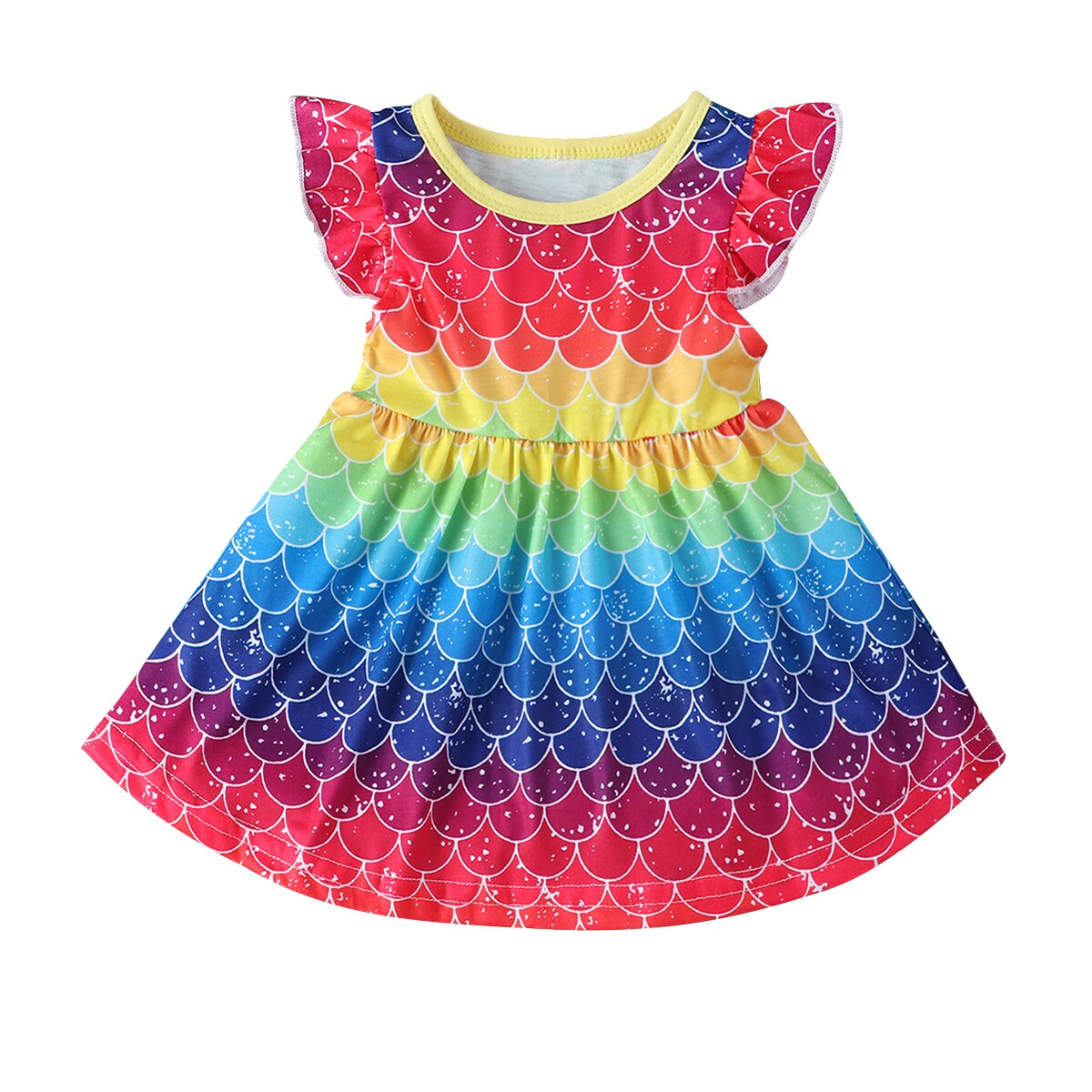Pudcoco Baby Girls Rainbow Color Dress Summer Scales Pattern Round Neck Flying Sleeve Korean Princess Dress