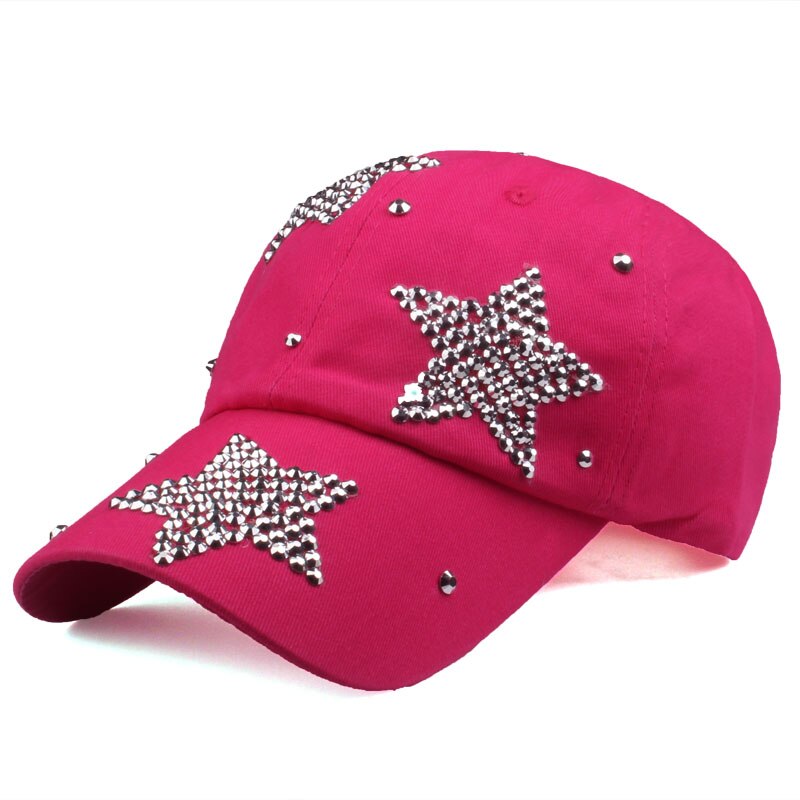 [yarbuu] mærke baseball kasketter rhinestone kasket med tre stjerner snapback casquette hat til kvinder dame ensfarvet: Rosenrød