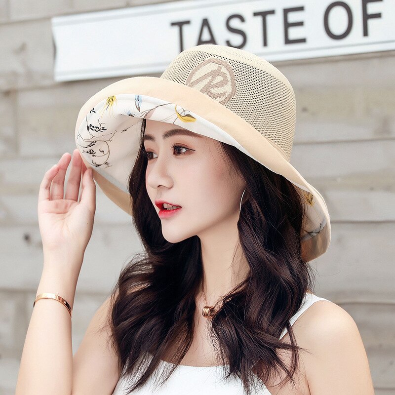 Fiskehatt koreansk tyghatt kvinnlig solkräm solhatt uv-skydd vikbar hatt med stor brätte vilda bokstäver rosa hatt hinkhatt: Beige