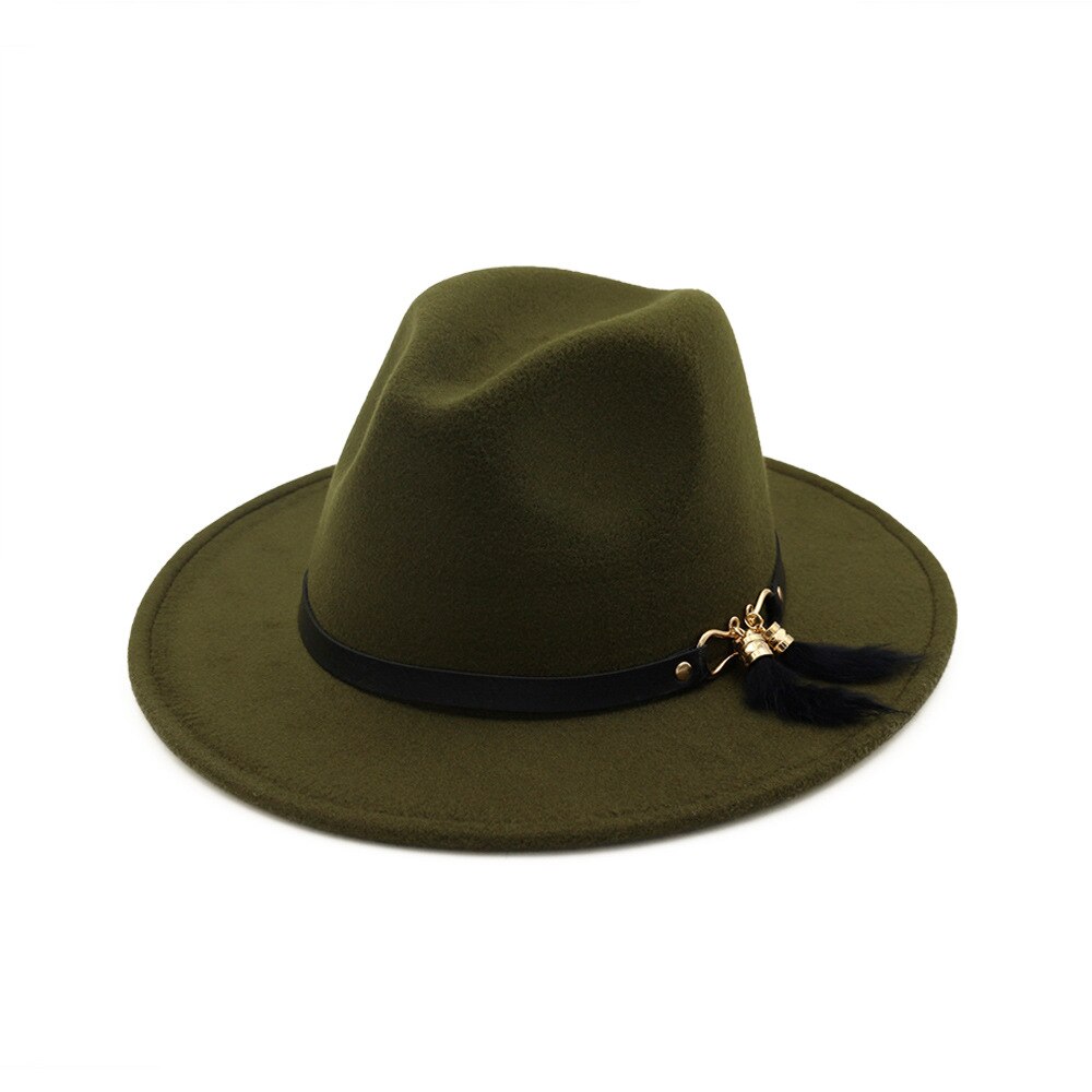 HanXi Winter Women Hat Wool Fedoras Felt Hat Lady Classical Flat Brim Cap PU Leather Band Metal Buckle: army green