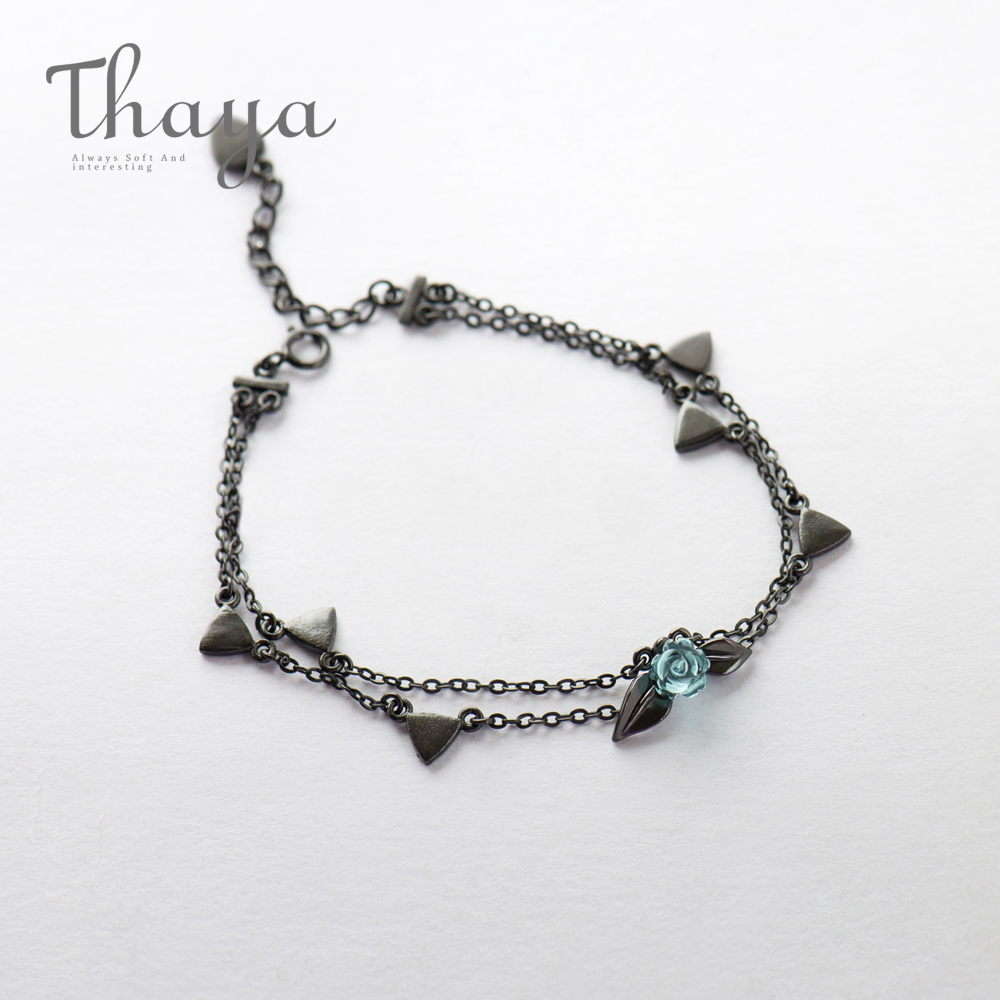 Thaya 100% 925 Silber Dornen Rose Armbinde Zwei Schicht Kristall Blume Schwarz Kette Verknüpfung Armbinde für Frauen Schmuck Korea stil