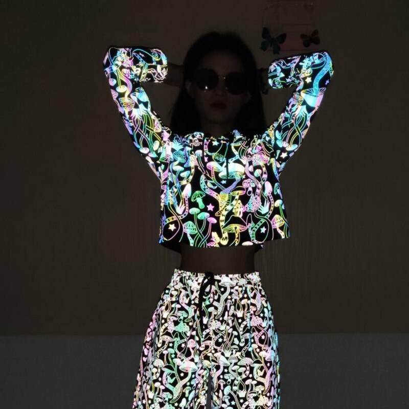 Champignon udskriver langærmet gym afgrøde hættetrøje kvinder farverige reflekterende løs pasform hip hop punk sport hætteklædte sweatshirt