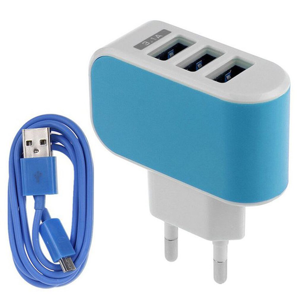 Reizen Led Usb Charge 3.1A Fast Charger 3 Usb-poort Plug-In Lader Met Data Kabel Zwart Ons/Eu Plug Adapter Opladen