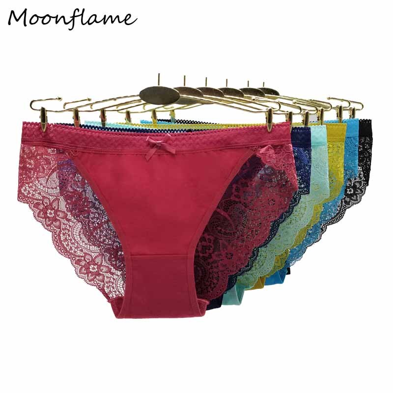 Moonflame 5 Pcs / Lots Low Rise Solid Color Cotton Sexy Lace Underwear For Women M L XL 89456