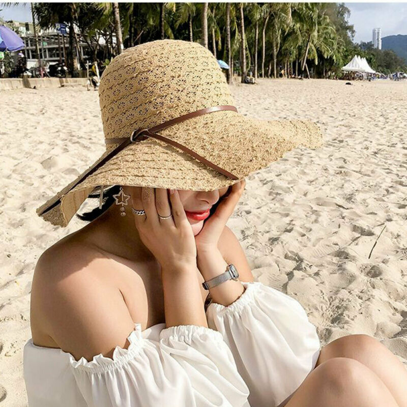 Women Summer Big Wide Brim Straw Bucket Hat Beach Sun Foldable Bow Cap
