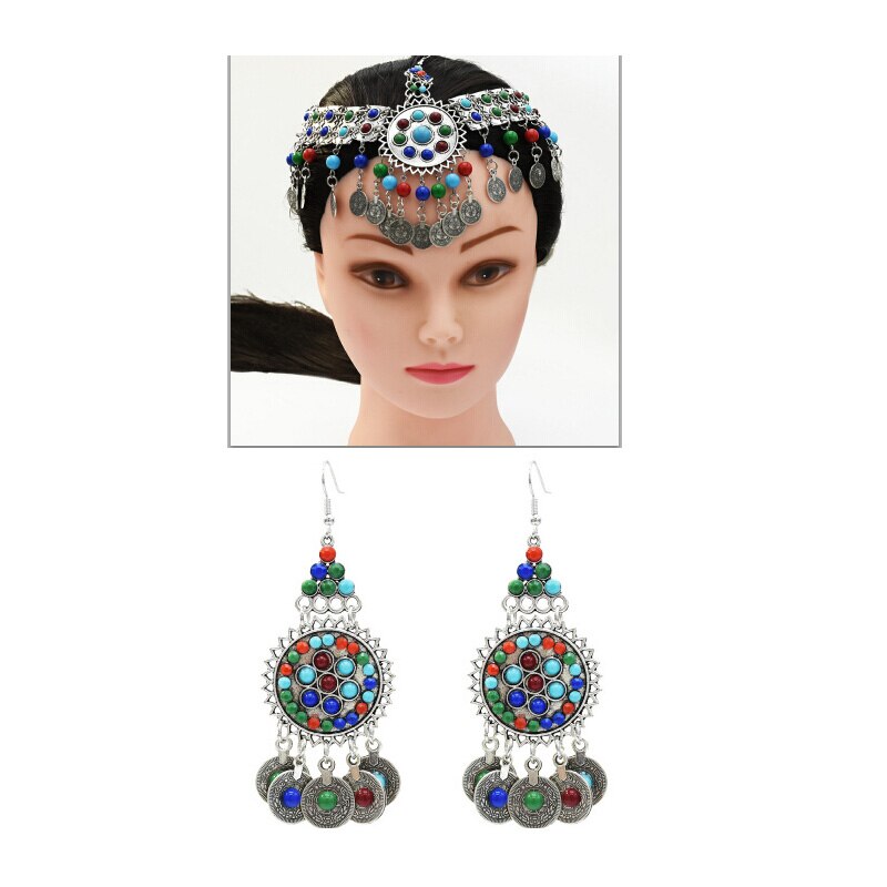 Épingle à cheveux bohème ethnique en résine, perles, cloche, boucles d&#39;oreilles, collier Tikka bavoir Tribal indien gitane turc, pince à cheveux, bijoux: 0639 E-5335-C