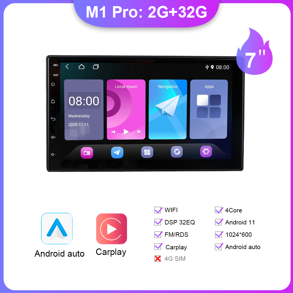 Android 11 7 tommer bilradioafspiller carplay android auto multimedieafspiller bilberøringsskærm auto lyd stereoafspiller 2 din: Rød