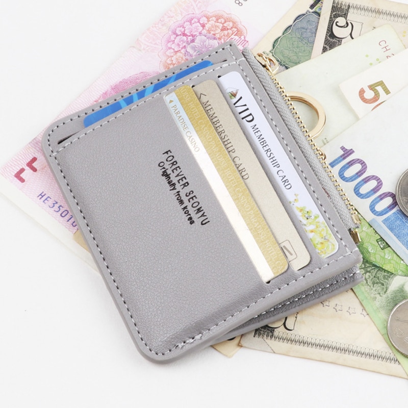 Brand Super Thin Small Credit Card Holder Wallet Women&#39;s Leather Key Chain ID Card Case Slim Female Ladies Mini Coin Purse