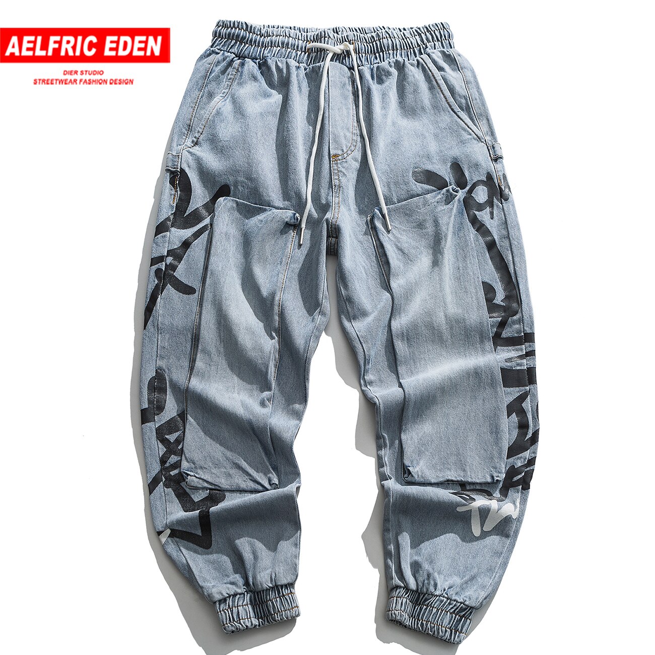Aelfric eden patchwork print denim jeans joggers menn bukser streetwear harajuku elastisk midje bukse mann hip hop løs