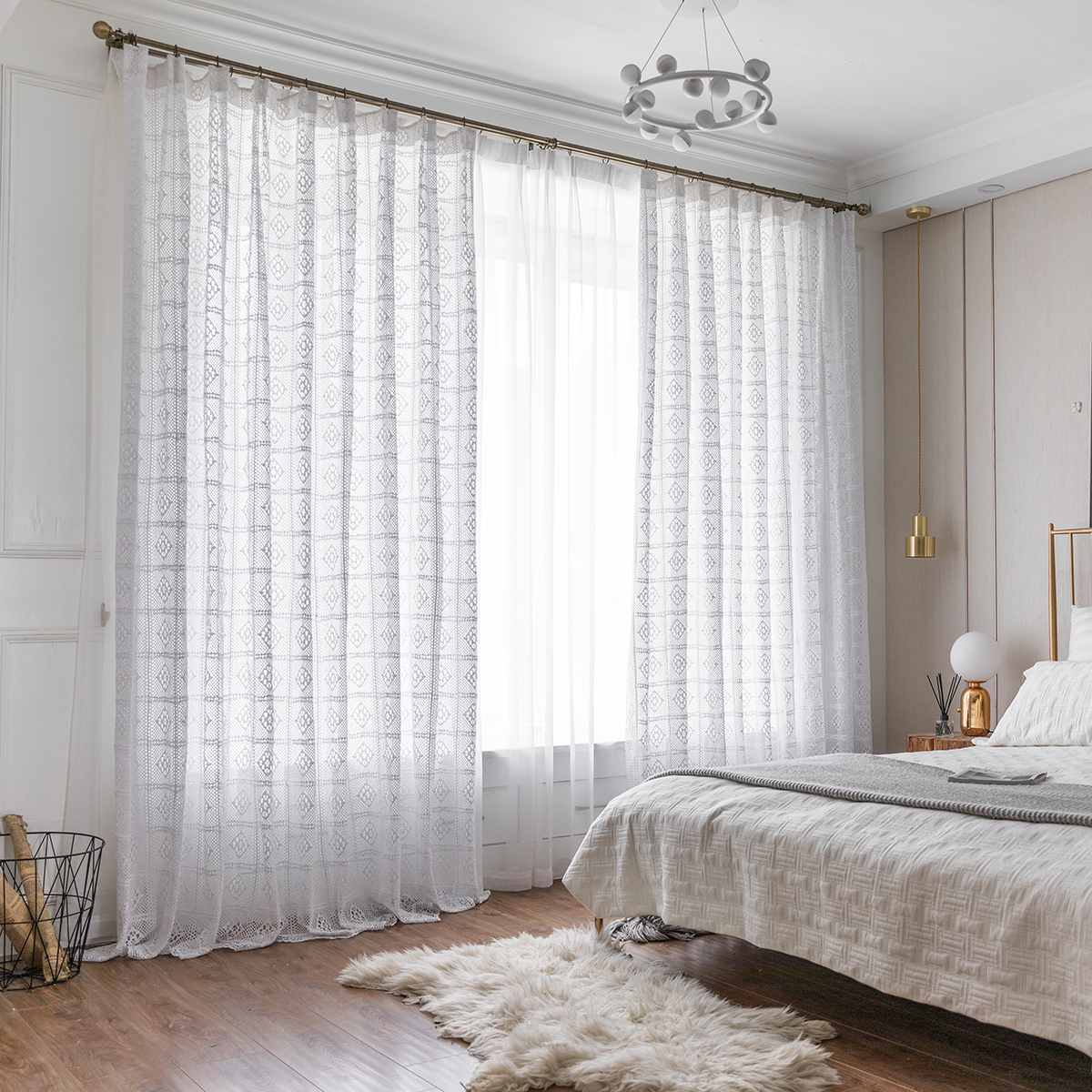 Moderne ajouré dentelle rideaux pour salon Beige/blanc tricot évider fenêtre rideaux pour balcon peut être nappe