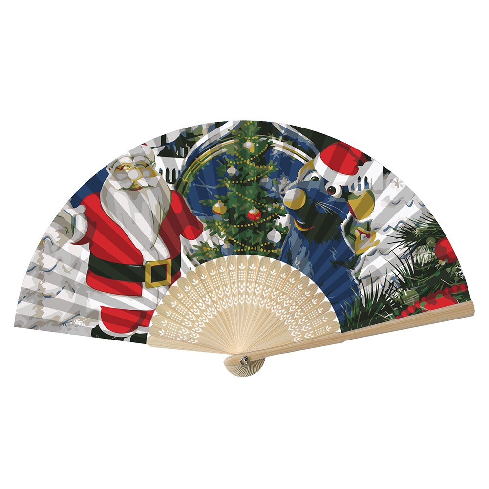 DIY Oil Painting by Numbers Folding Fan Artwork Christmas/Halloween Series Hand Painted Frameless Picture Painting Fan: Santa AnimalF