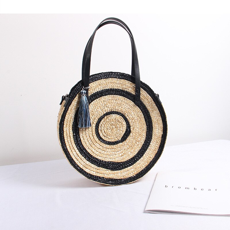 Große kapazität stroh tasche hand-woven tasche frauen neue schulter quasten runde strand tasche