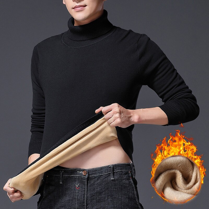 Fleece gebreide trui heren warme coltrui winter plus fluweel dikke warme coltrui heren casual slim fit trui