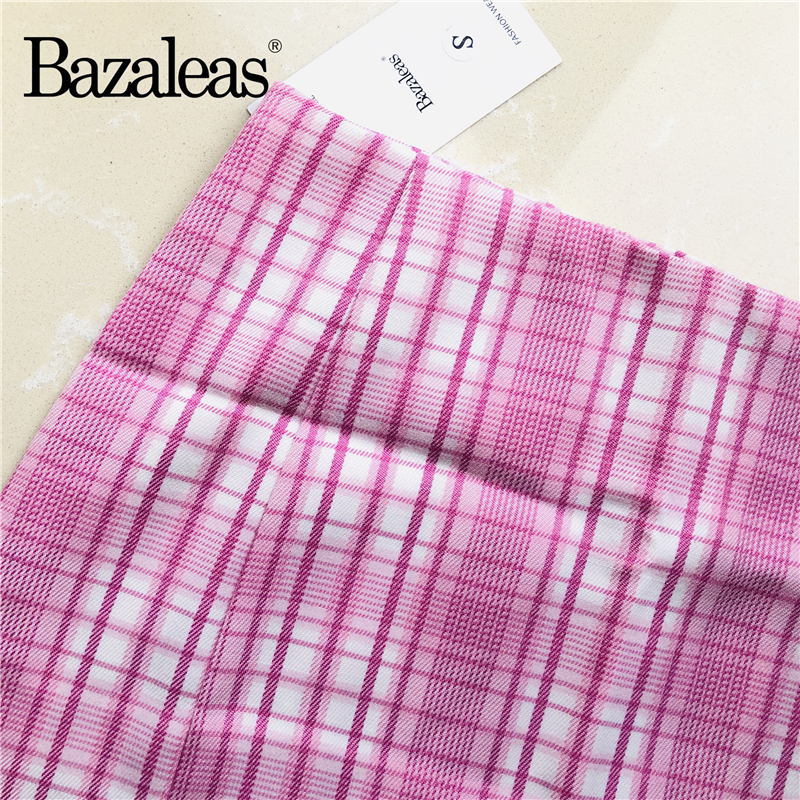 Bazaleas-jupe à carreaux, Mini jupe Tartan blanc rose fendue pour femmes