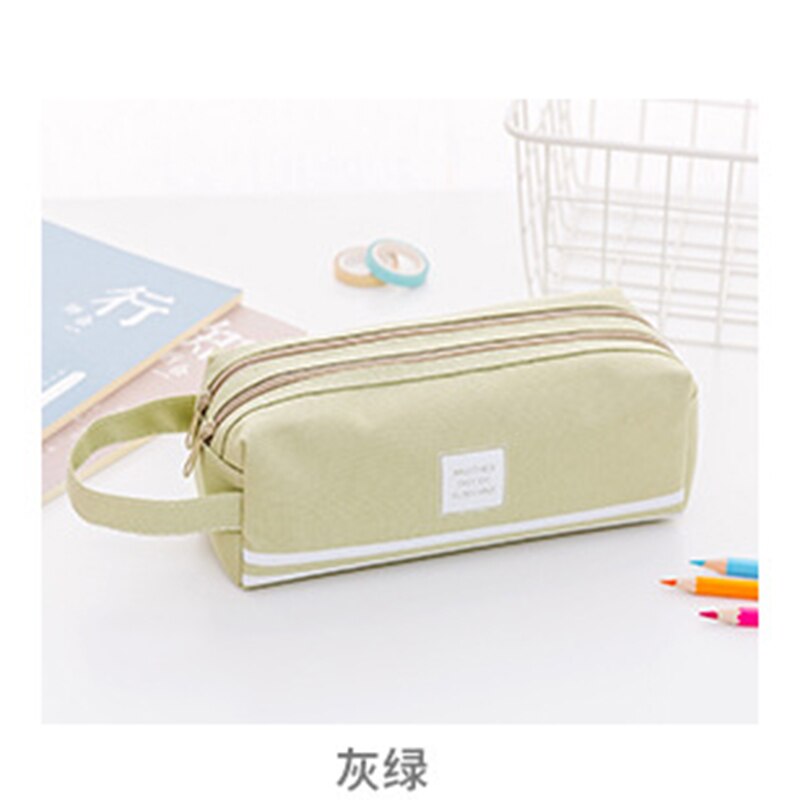 Double Layer Zipper Large Pencil Case Kawaii School Pencilcase Big Pen Box For Girls Cute Stationery Supplies Bag: Light green