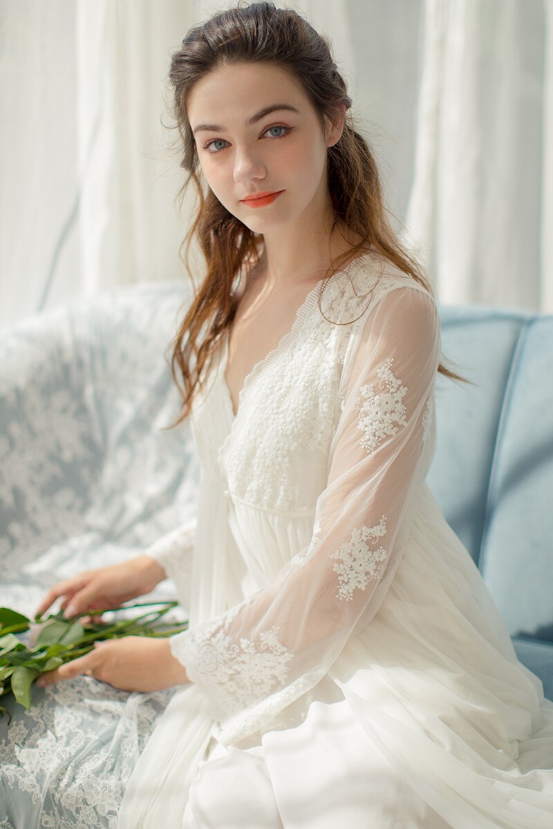 Embroidered White Robe Lace Robe Fairy Long Robe Lady White Lace Embroide... – Grandado
