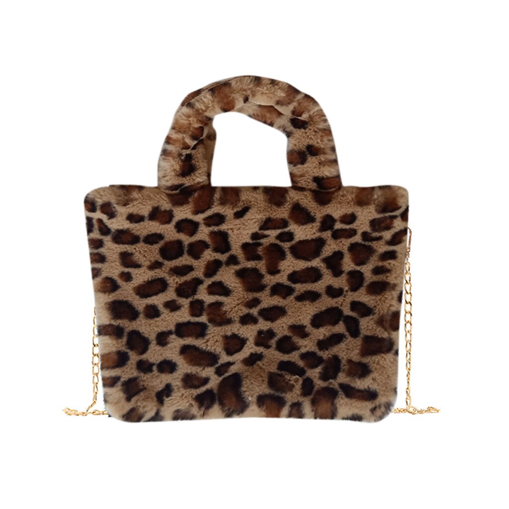 Woman Messenger Bags Chains Leopard Pattern Plush Handbags Autumn Winter Women Cute Fluffy Crossbody Bag: Khaki