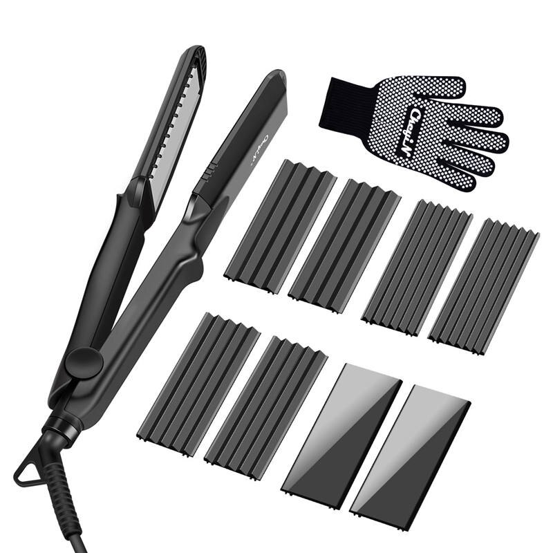 CkeyiN 4 in 1 Hair Straightener Flat Iron Plates Curling Iron Straightening Brush Crimper Styling Tool Hair Curler: black