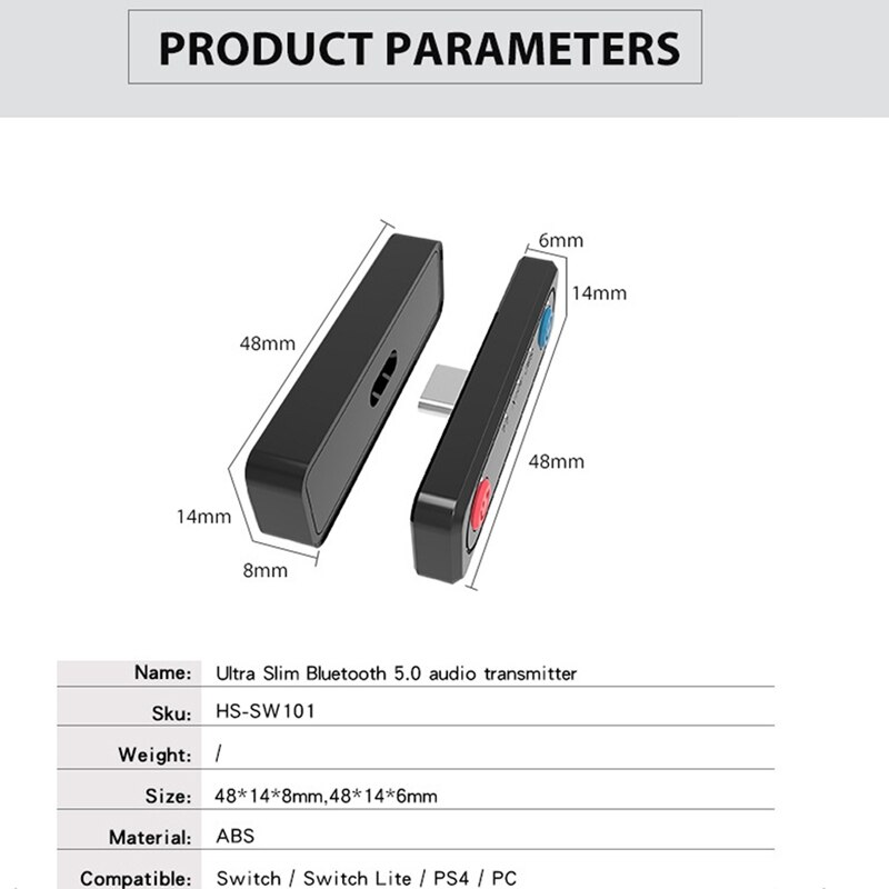 Bluetooth Adapter Ultra-Thin 5.0 o Bluetooth Transmitter for Switch / Lite / PS4 / PC