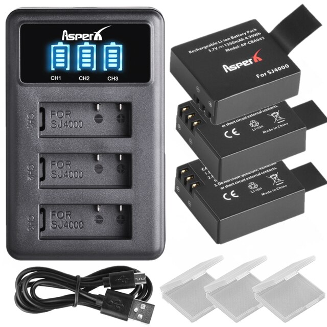 1350mAh PG1050 SJ4000 batería con cargador para SJCAM SJ4000WIFI SJ5000 SJ6000 Sj5000 WIFI M10 SJ7000 SJ8000 SJ9000 EKEN H8 H8R: Charger and 3Battery