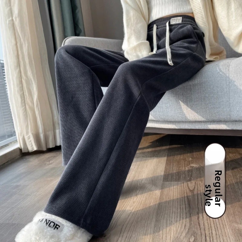 Pantalones de pierna ancha de lana gruesa para mujer, pantalones de algodón de corte recto, pantalones largos cálidos y cómodos a la para otoño e invierno: M / Azul