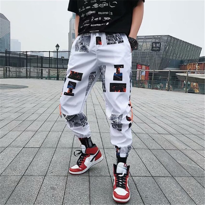 Hip hop Pants Men Loose Joggers Print Streetwear Harem Pants Clothes Ankle length Trousers: white / XL