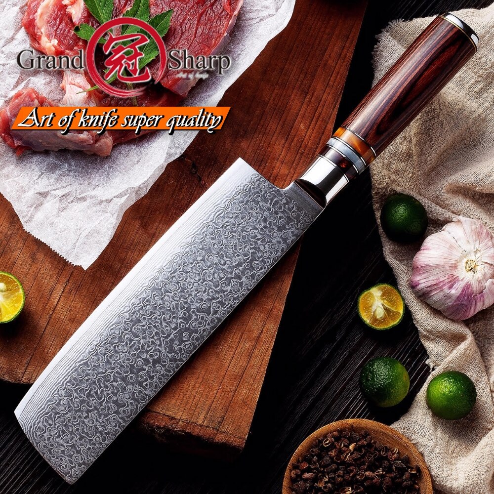 Grandsharp Damasco cuchillos de cocina 4 Uds Chef cuchillo Nakiri de corte de herramientas de cocina casera VG10 japonés de acero inoxidable