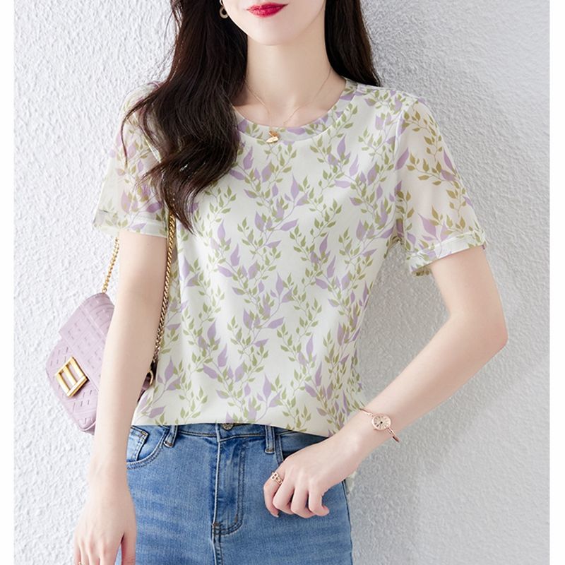 Zomer Koreaanse Stijl Bloemen Casual Trui Vrouwelijke Elegante Mode Print Korte Mouw Tops Vrouwen Chiffon Zweet Femme Kleding