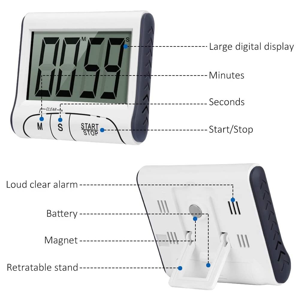 Digital Kitchen Timer Countdown Up Cooking Timer Clock with Magnet Back White