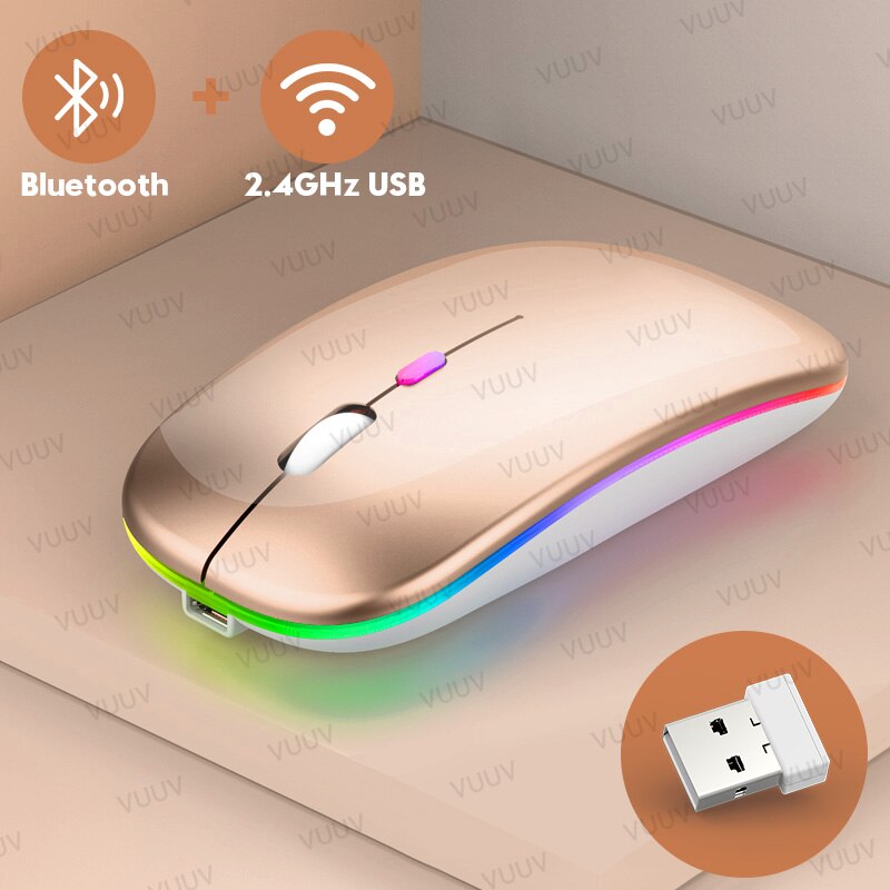 Bluetooth Wireless Mouse For Computer PC Laptop iPad Tablet MacBook With RGB Backlight Ergonomic Silent Rechargeable USB Mouse: Gold