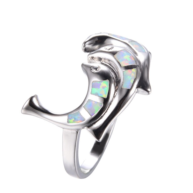 Unico anello animale a tre delfini anello di fidanzamento in pietra opale blu bianco anelli di nozze Color argento alla moda per gioielli da donna oceano