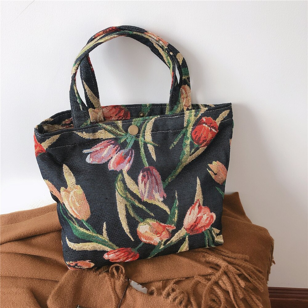 Bloemen Draagbare Lunch Tas Jacquard Stof Vrouwen Kinderen Lunch Zakken Voedsel Picknick Opslag Kleine Handtas Praktische Mama Handtas