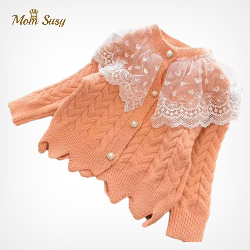 Del bambino del Maglione Delle Ragazze del Cardigan Del Merletto Del Tasto Della Perla Del Collare Toddle Maglione Della Ragazza Cappotto Caldo Molle Bambini Outwear Vestiti di Autunno della Molla 2-12Y