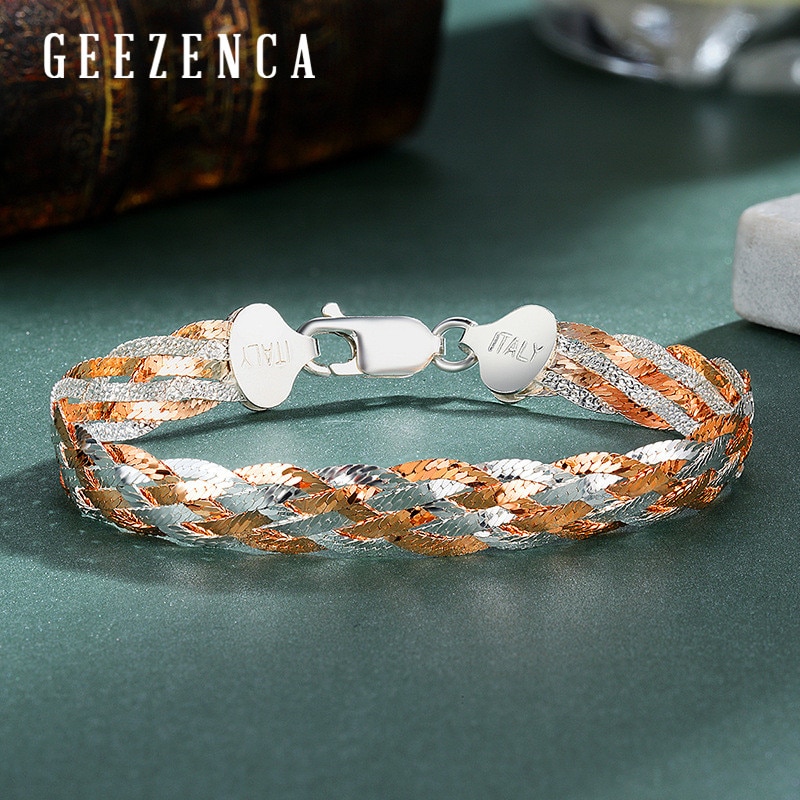 Italienische 925 Sterling Silber Doppel Farbe Faden Weben Armbänder Rose Gold Platin Überzogene Armband Edlen Schmuck Für Frauen