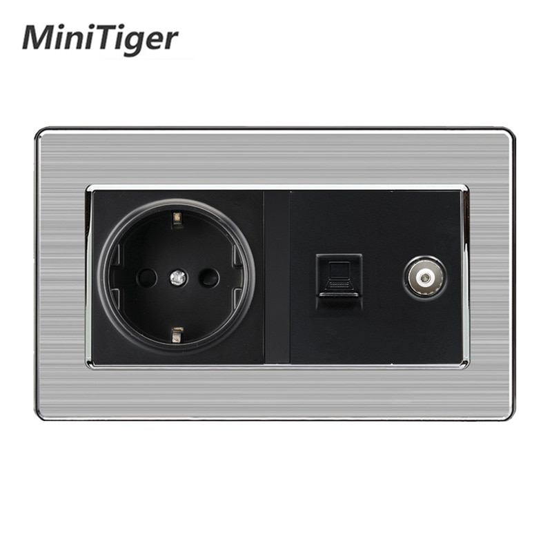 Minitiger eu standard vægstik+hun tv-stik med internet computer data  rj45 kat 5e stik rustfrit stål børstet panel