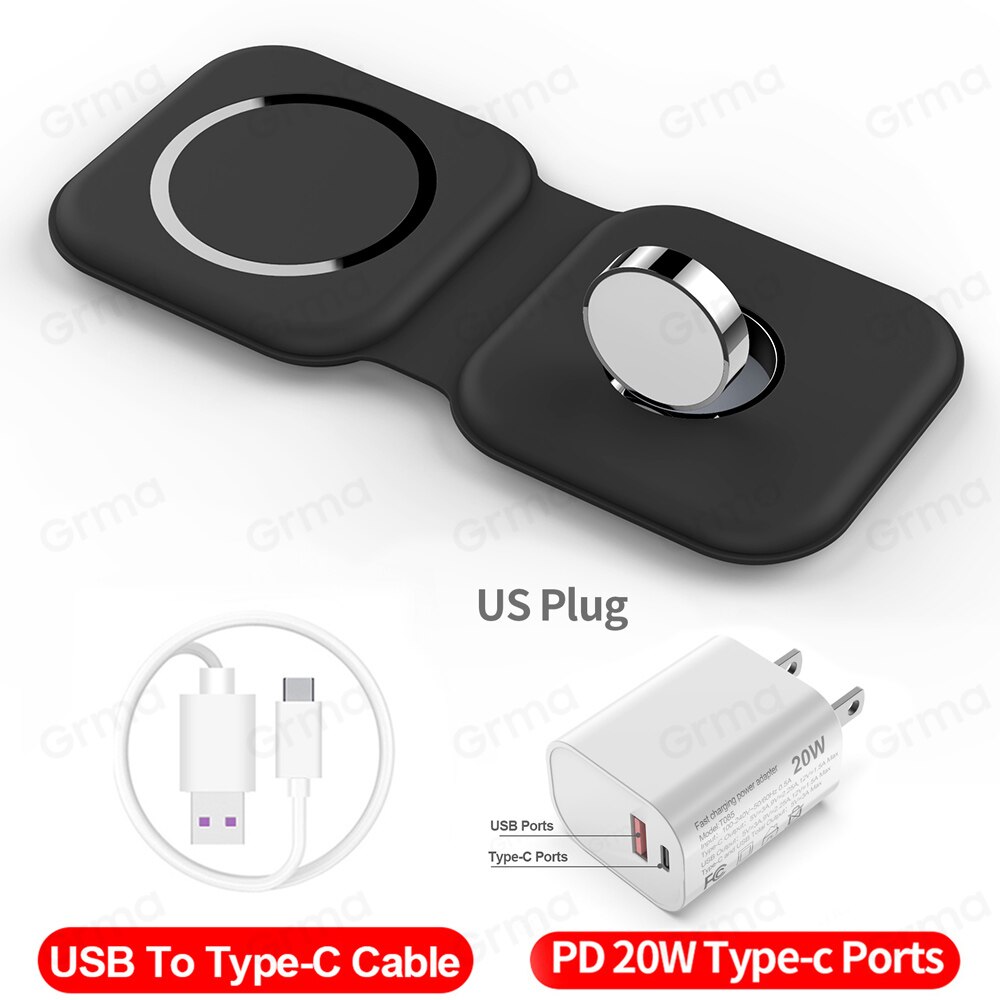 Caricabatterie Duo Wireless magnetico sicuro GRMA 2 in 1 Mag per iPhone 12 Pro Max mini 15W Qi caricabatterie rapido per Apple Watch iWatch AirPods: White